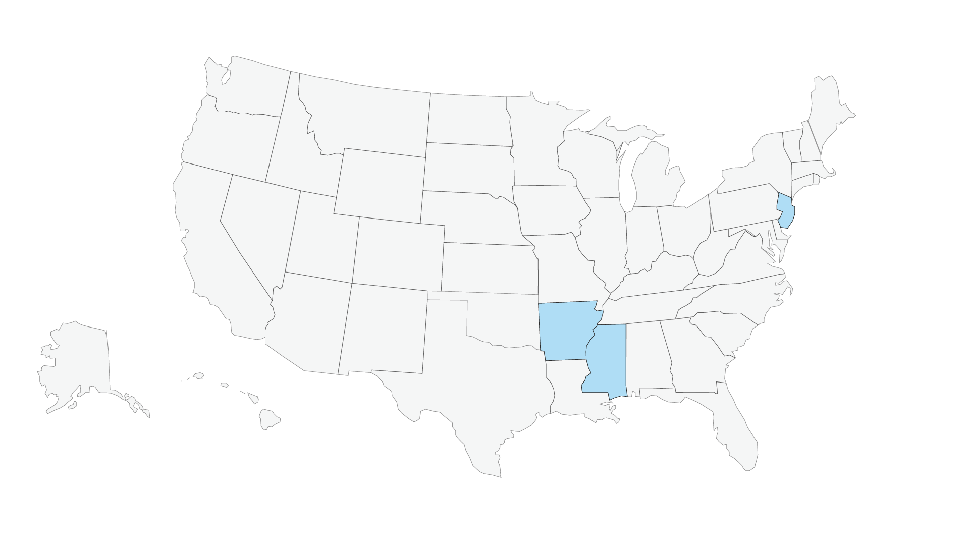US map with three states highlighted