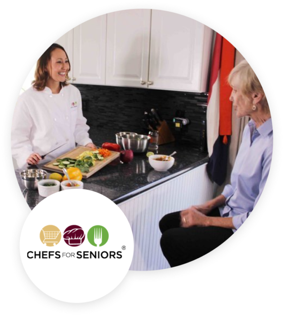 Chef cooking in front of an old woman and Chefs for Seniors logo