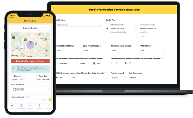 facility verification and invoice submission form on a laptop and my time card form on a phone