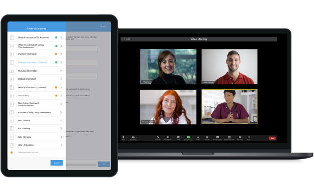 zoom meeting on a laptop and tablet with table of contents