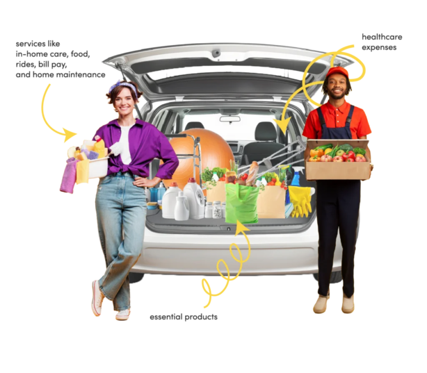 Two service workers standing behind a car with an open trunk